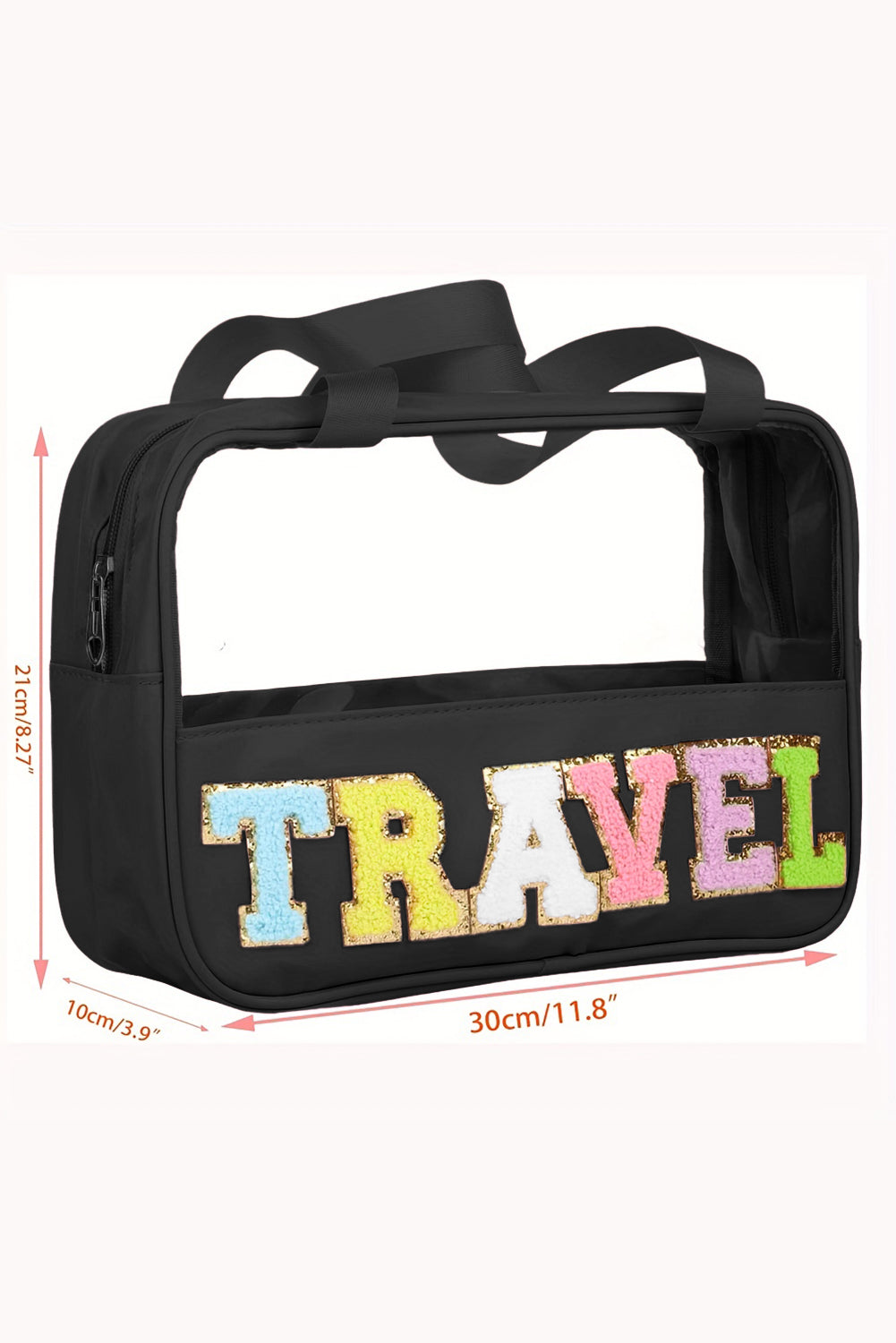 Trousse de maquillage en PVC transparent avec lettre chenille TRAVEL vert menthe