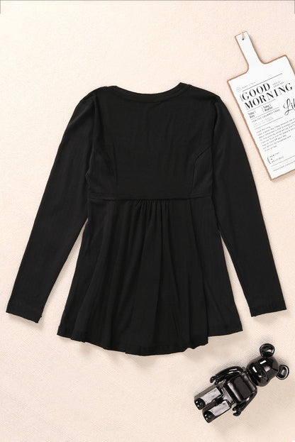 Black Solid Color Buttons Long Sleeve Babydoll Blouse