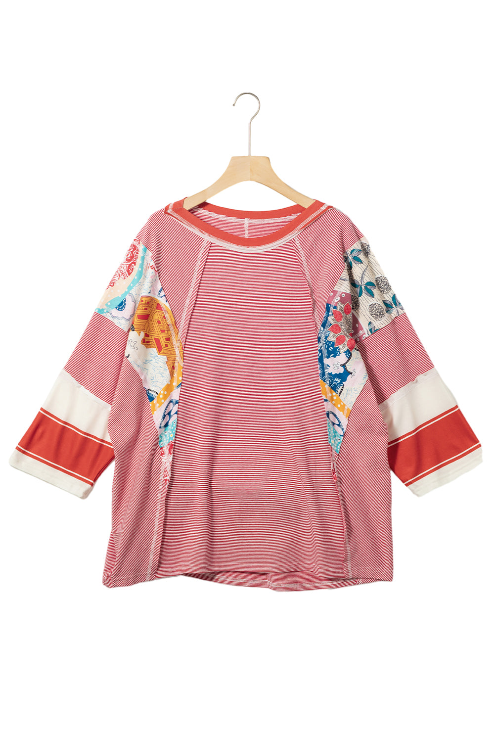 Himmelblaues, gestreiftes und florales Patchwork-Oversize-Top