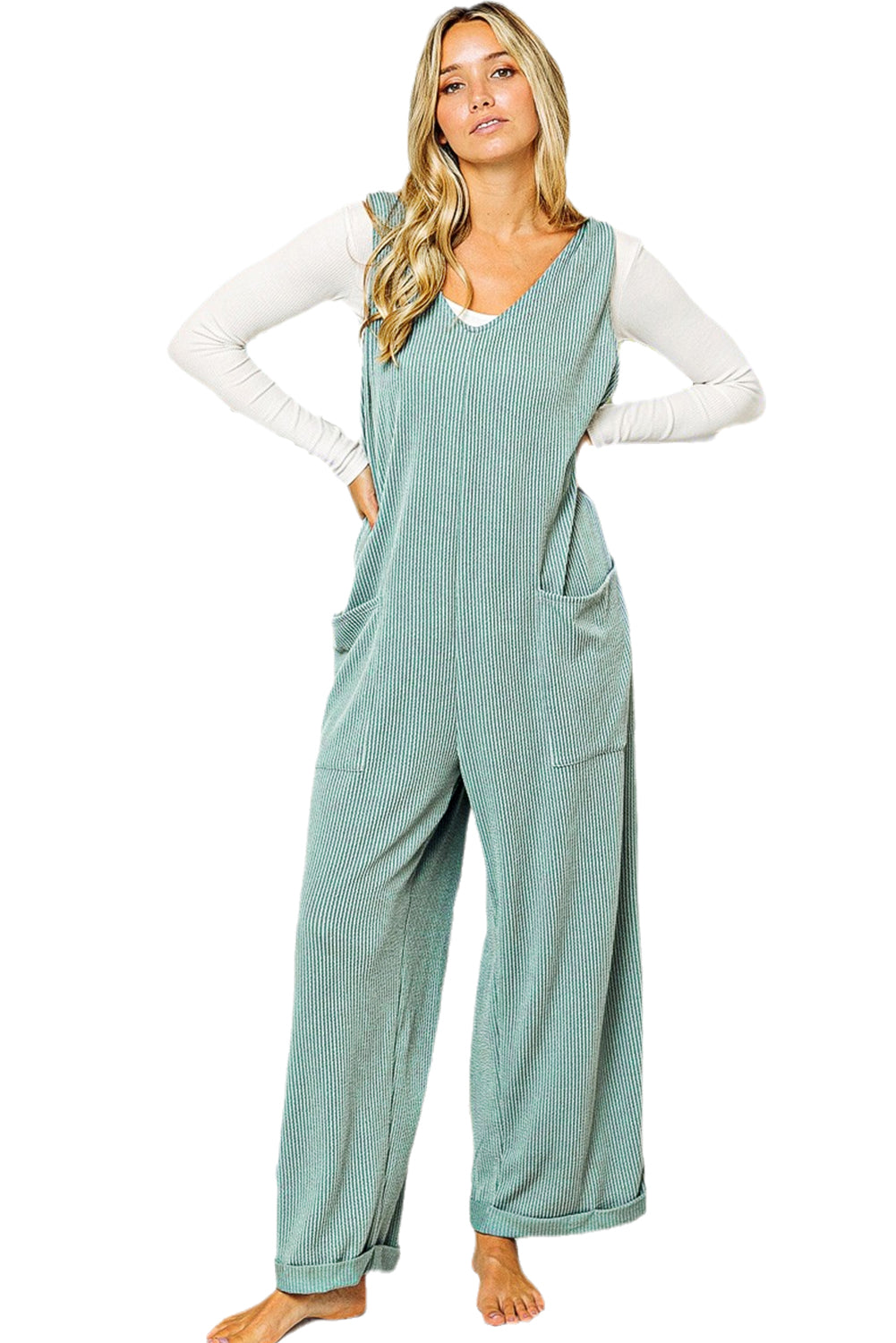 Dark Grey Pockets Oversized Ribbed Wide Leg Jumpsuit