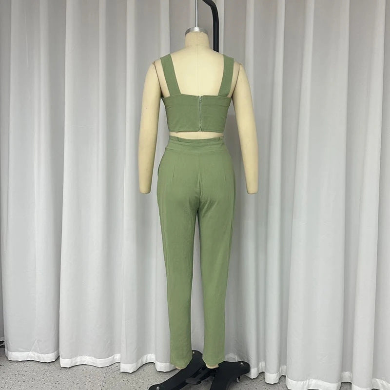 Einfarbiges, kurzes Crop-Top, Spaghettiträger-Top, Hose mit hoher Taille, zweiteiliges Set