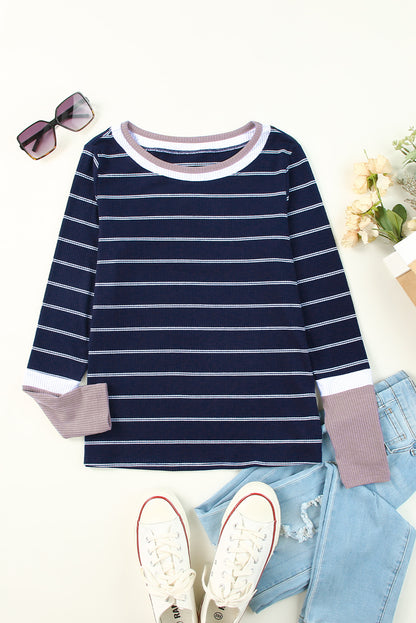 Dark Blue Striped Spliced Color Block Rib Knit Top