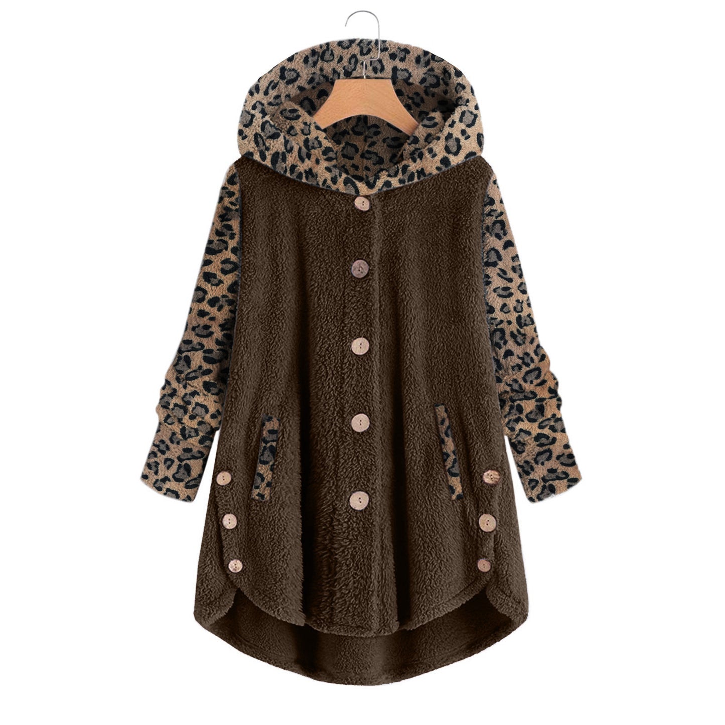 Autumn And Winter Button Long Sleeve Leopard Splicing Hooded Plush Coat For Women