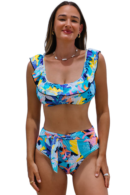 Maillot de bain taille haute à volants et imprimé tropical vert