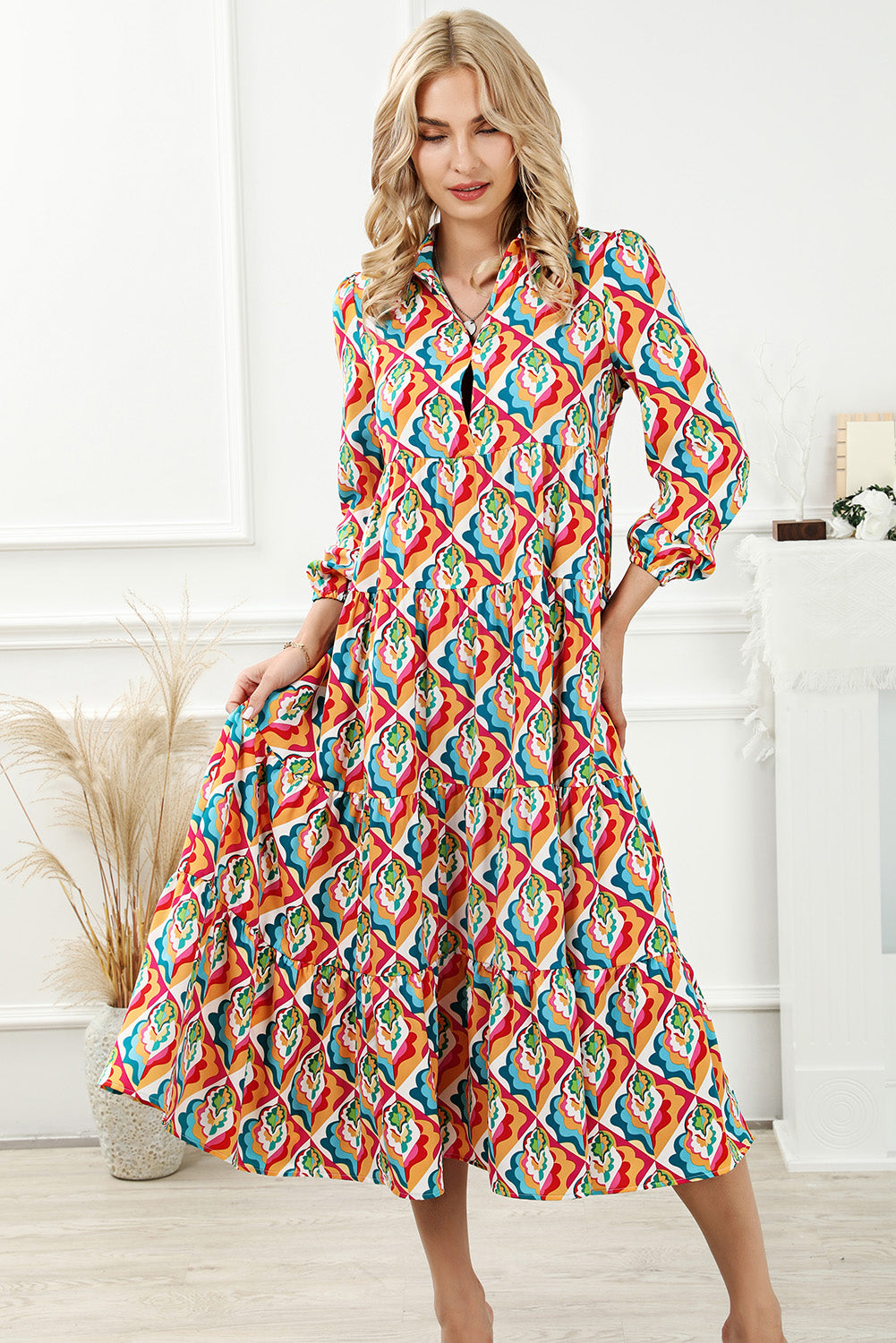 Abstract Geometric Print Long Sleeve High Waist Dress