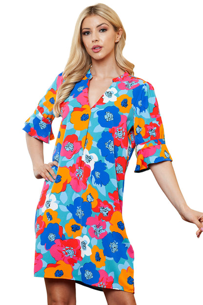 Robe tunique multicolore à manches courtes et col mandarin à imprimé floral