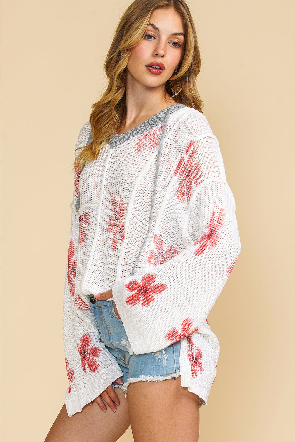 White Floral Print Oversized Knit Hooded Sweater