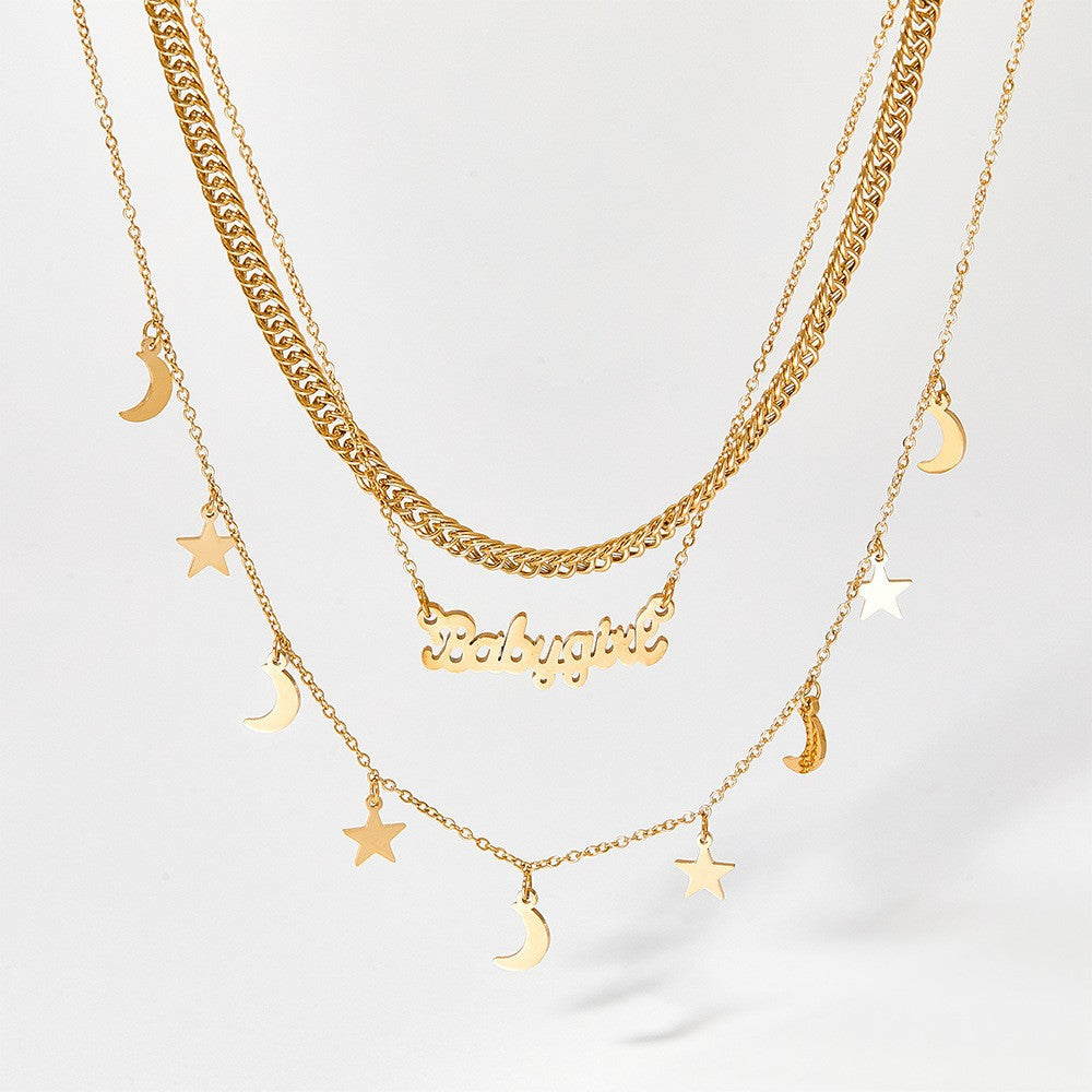 18K gold trendy fashion stars and moon with letters three-layer stacked design all-match necklace