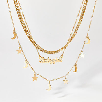 18K gold trendy fashion stars and moon with letters three-layer stacked design all-match necklace