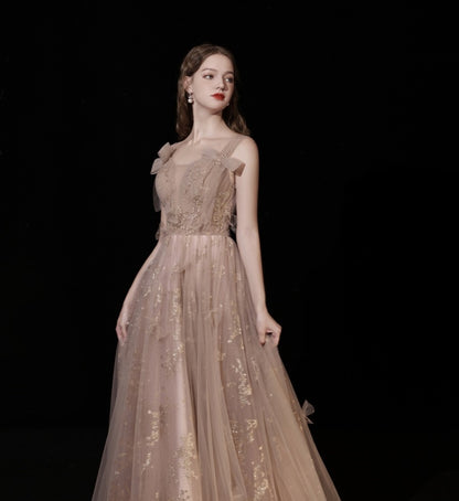 Robe de soirée à bretelles champagne pour femme