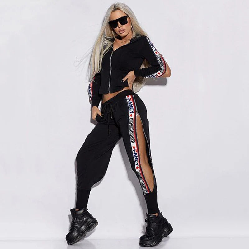 Casual Slit Hooded Jacket Trousers Sports Suit