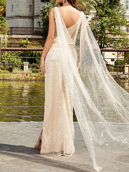 Apricot Mesh Sleeveless Strap Cloak Sequined Long Dress