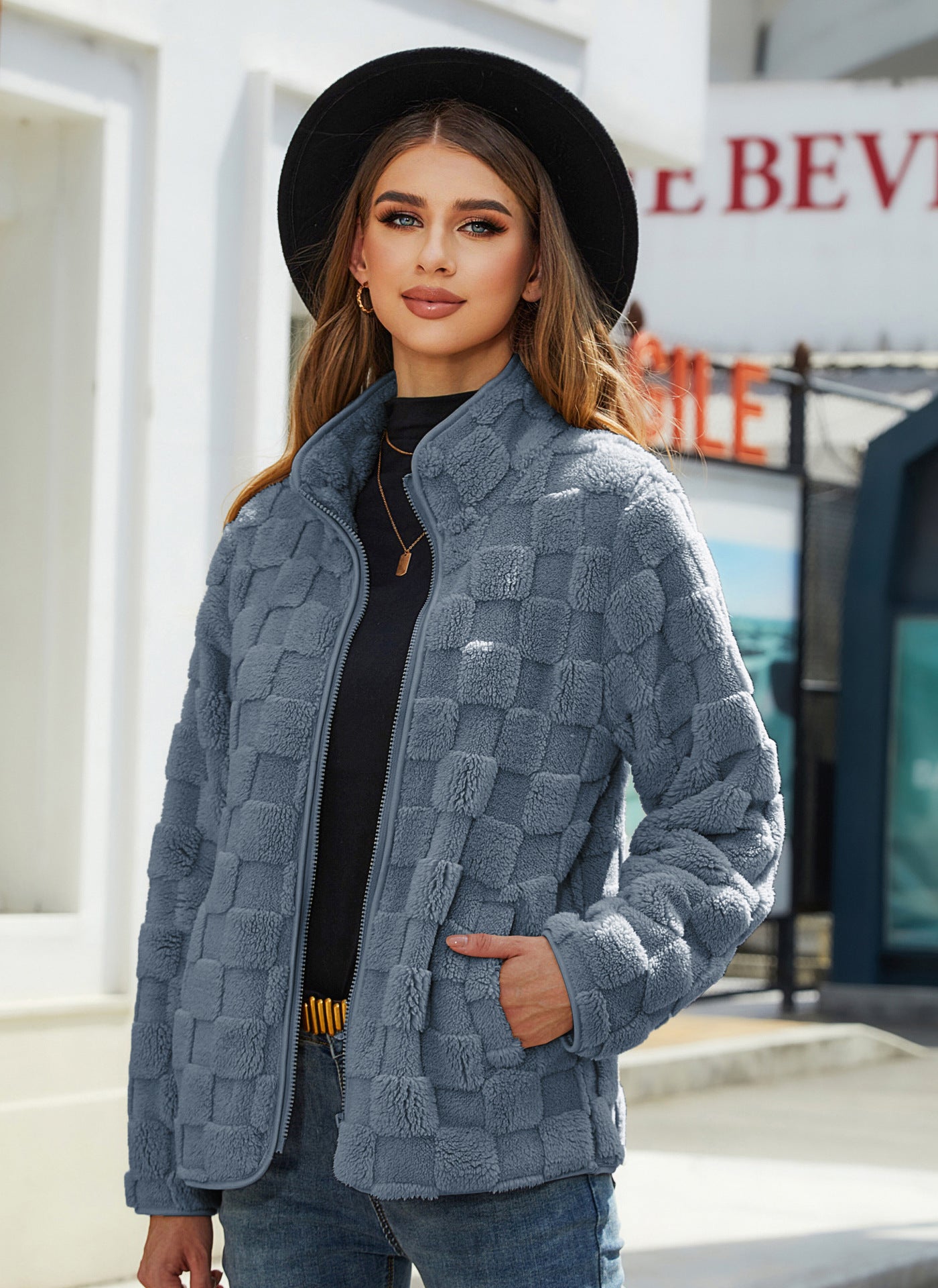 Stehkragen Plüschjacke Winter Langarm Loose Zipper Cardigan Mode Einfarbig Schachbrett Design Mantel Damen Oberbekleidung