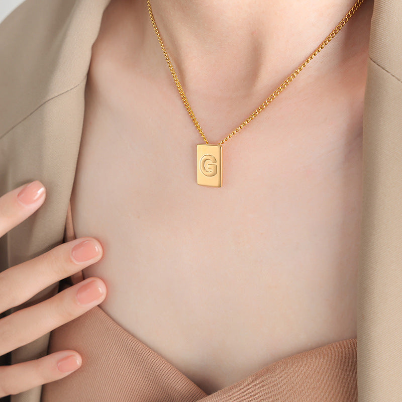 18K romantic personalized square shape necklace with 26 English letters design light luxury style