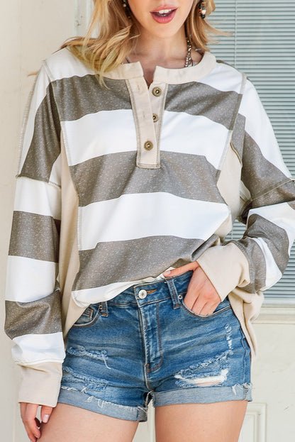 Multicolor Stripes Print Exposed Seam Long Sleeve Henley Shirt