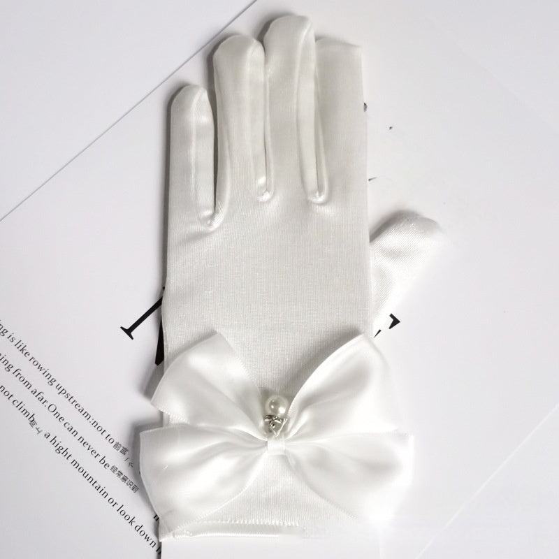 Wedding Gloves Satin Bow Elastic Dangling Beads Princess Style