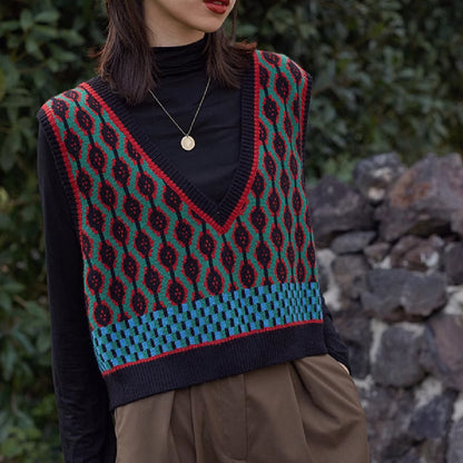 Retro Contrast Color Sweater Vest For Women