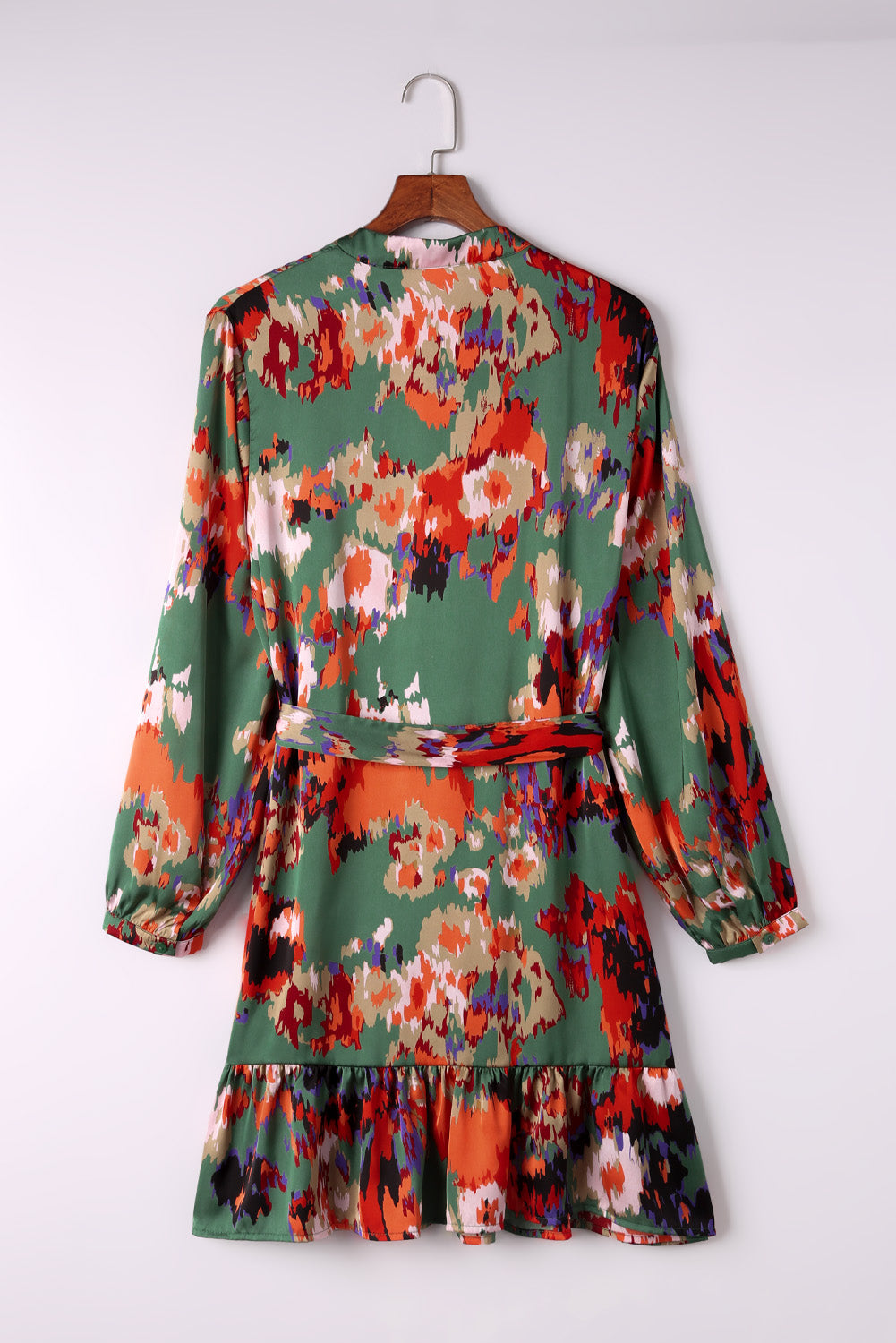 Abstract Print Waist Belted Flounce Hem Split V Neck Long Sleeve Dress