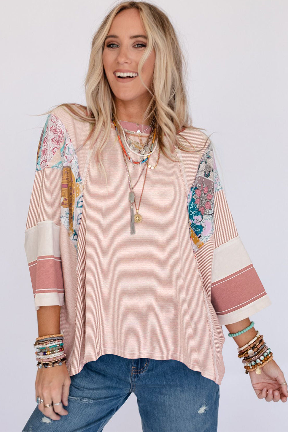 Sky Blue Striped and Floral Patchwork Oversized Top