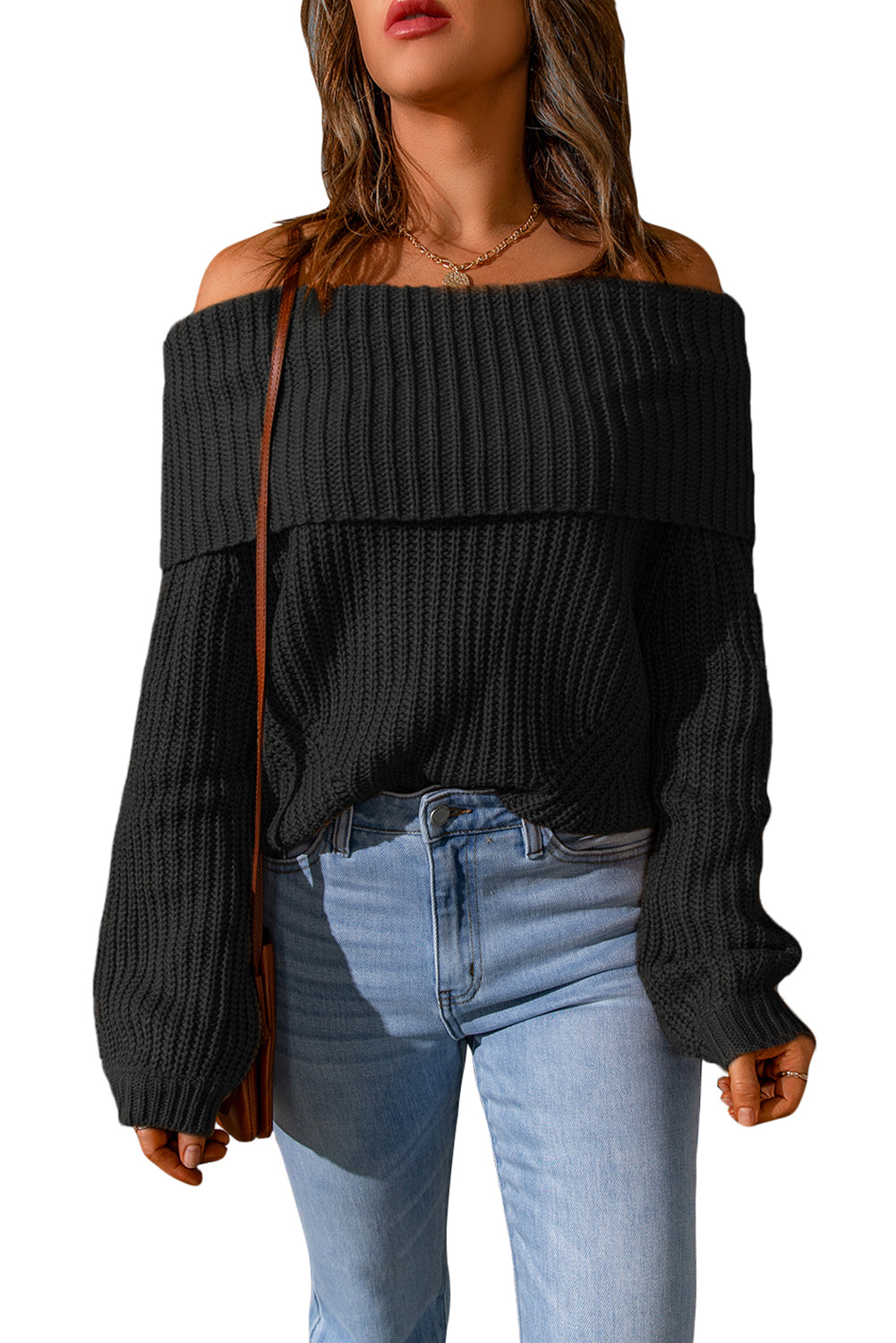 Khaki Ribbed Knit Foldover Off Shoulder Sweater