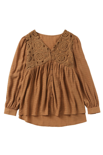 Brown Lace Crochet Buttoned V Neck Babydoll Top