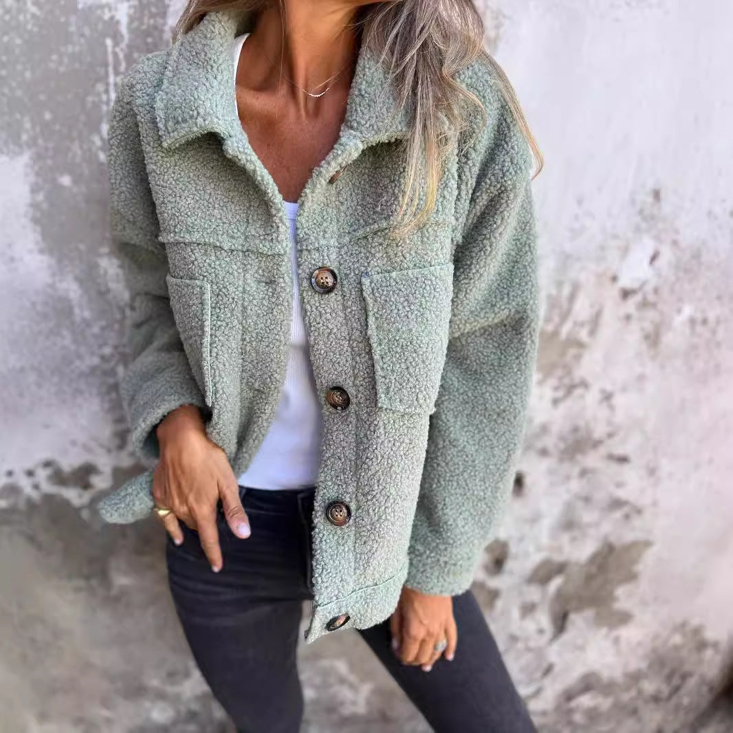 Manteau en laine d'agneau à revers simple boutonnage pour femme