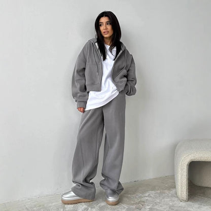 Women's Zipper Solid Color Long-sleeved Hooded Sweater Straight Casual Pants