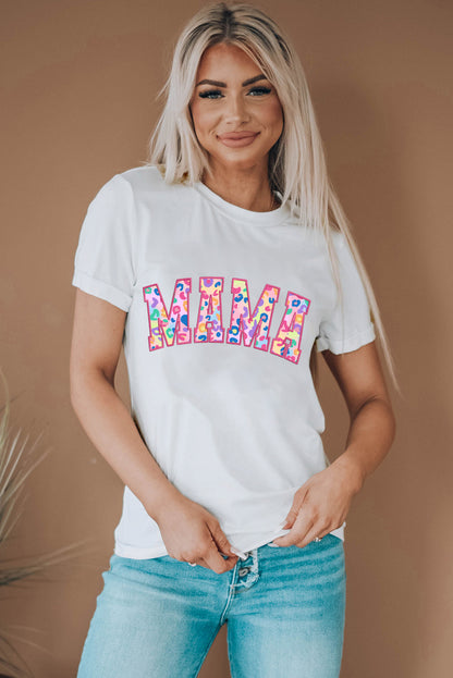 Weißes MAMA T-Shirt mit Leoparden-Stickerei und Rundhalsausschnitt