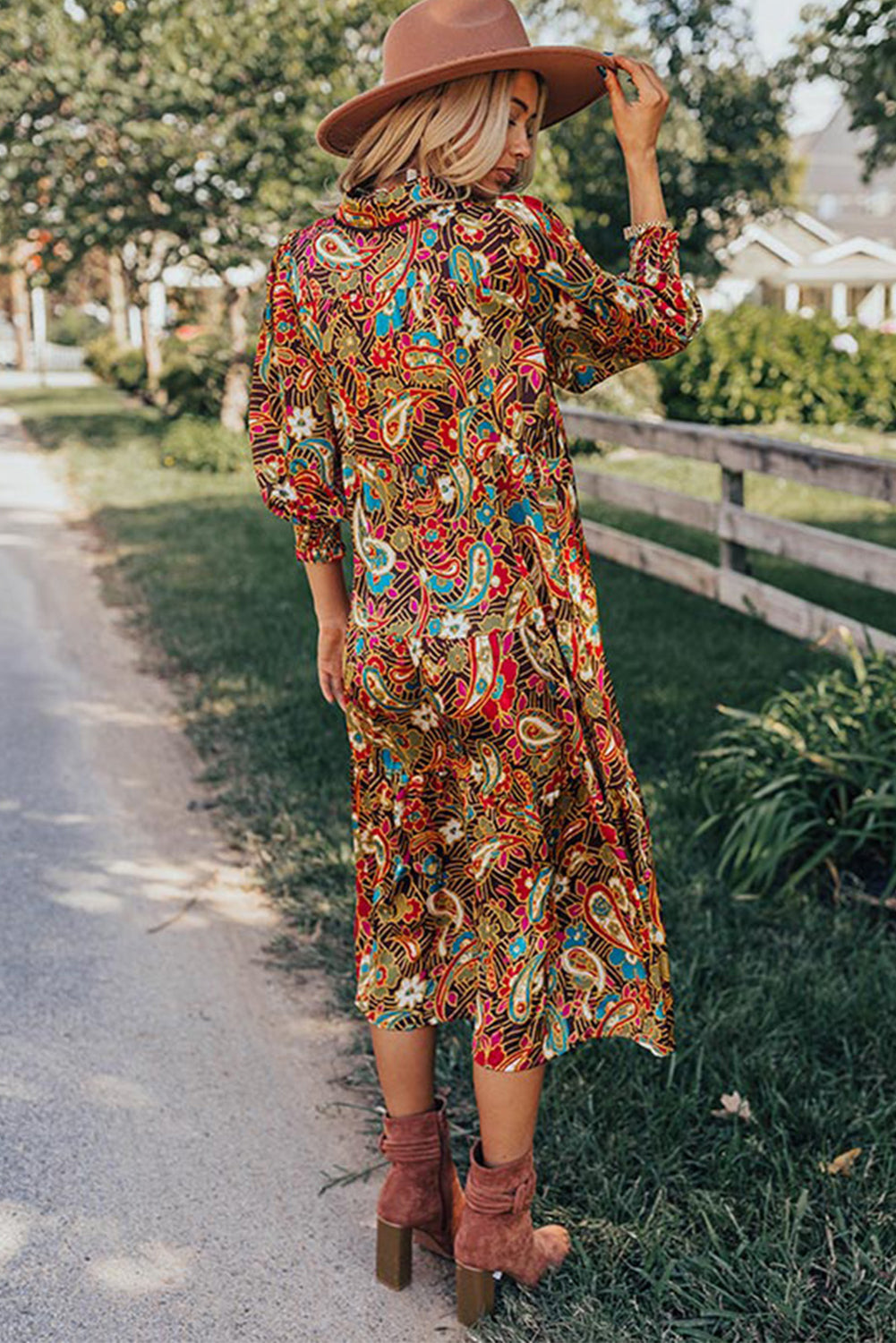 Yellow Paisley Abstract Print Collared 3/4 Sleeve Midi Dress