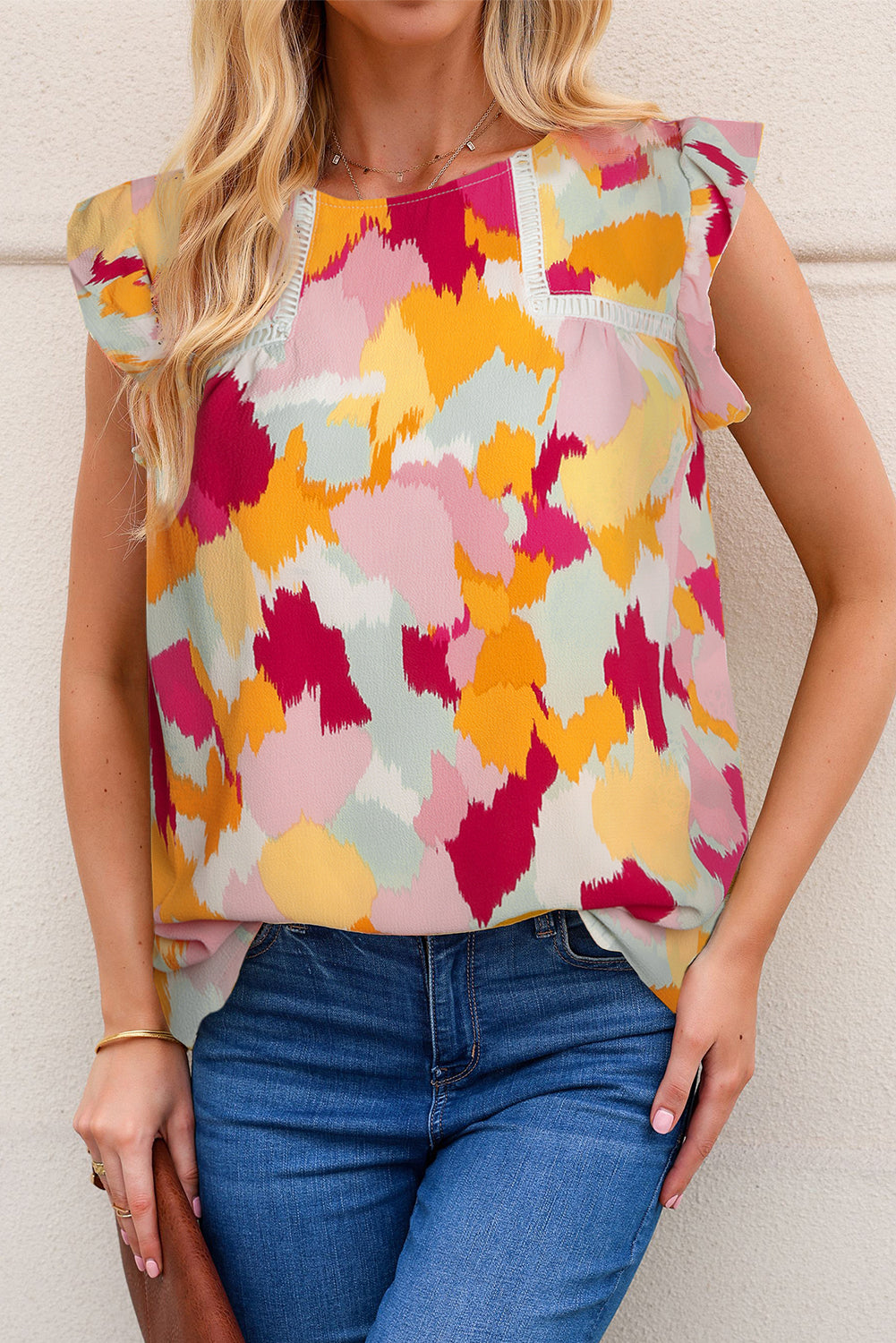 Yellow Abstract Printed Flutter Sleeveless Shirt