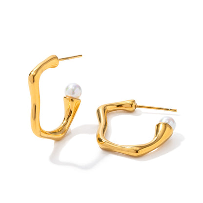 18K Gold Novel Trendy Abstract Line Art with Pearl Design Earrings