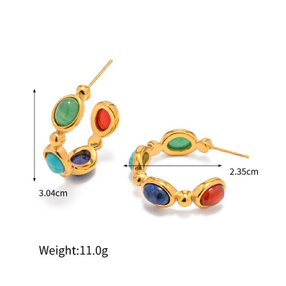 18k Gold Noble Fashion Inlaid Natural Stone C Shape Design Versatile Earrings