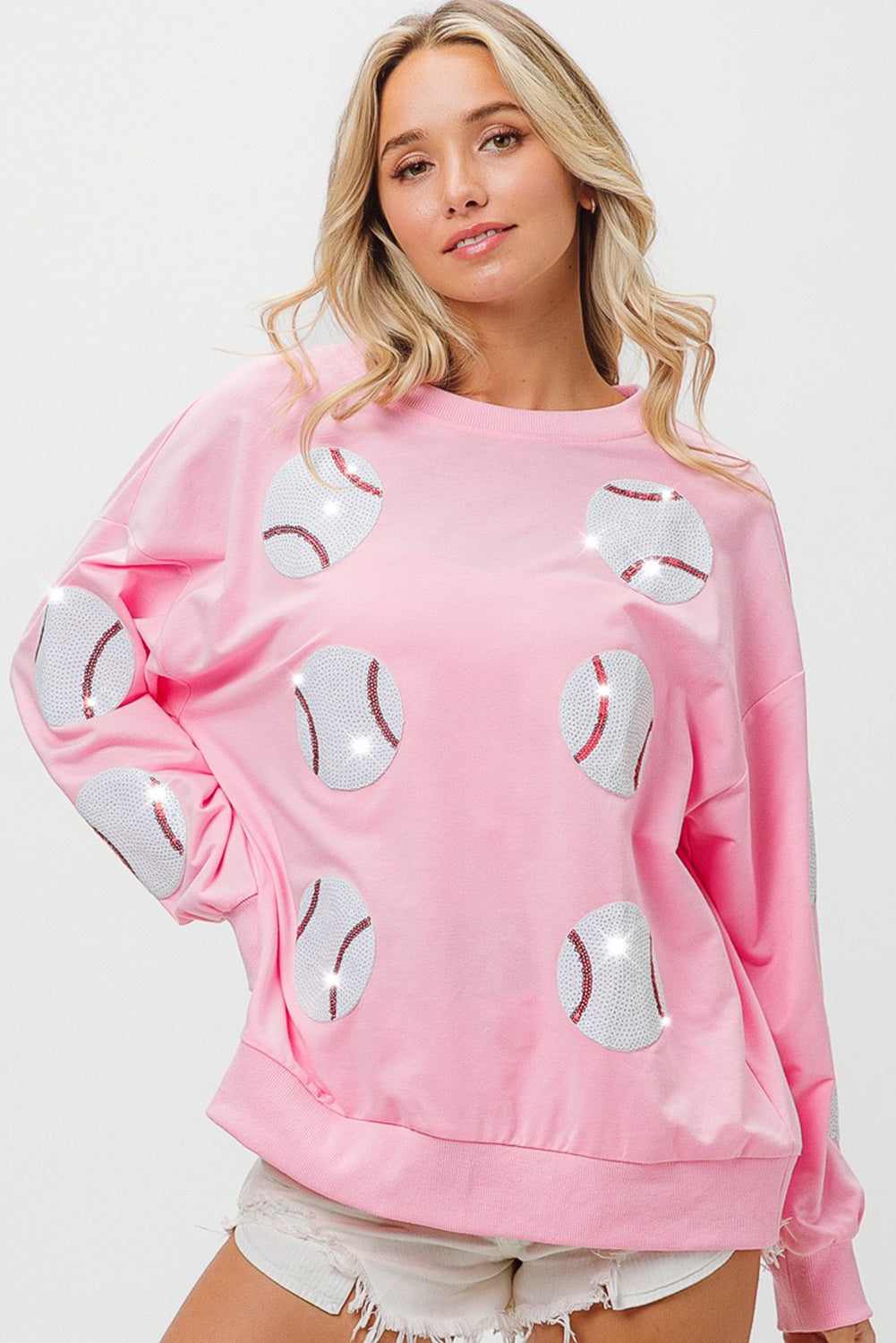 Pink Sequin Baseball Graphic Drop Sleeve Sweatshirt