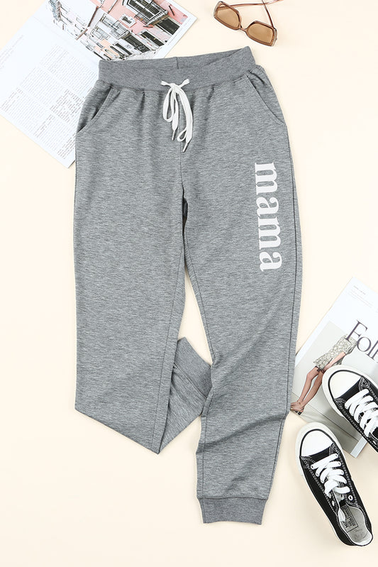 Pantalon de jogging taille haute avec cordon de serrage imprimé lettre Mama gris