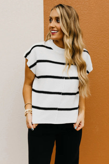 White Striped Center Seamed Short Sleeve Sweater