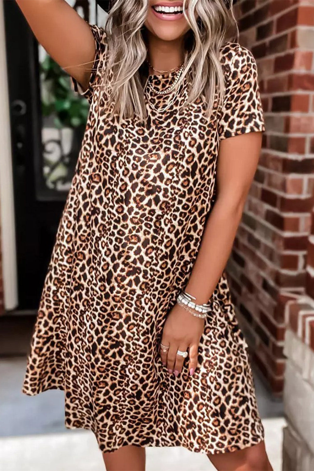 Casual Short Sleeve A-Line Crewneck Leopard Print Dress