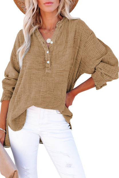 Brown Loose Crinkle Button V Neck Henley Top