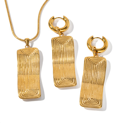 18K Gold Fashion Simple Thread Rectangular Design Pendant Necklace Earrings Set