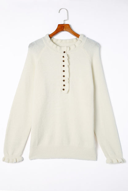 Beige Frill Trim Buttoned Knit Pullover Sweater