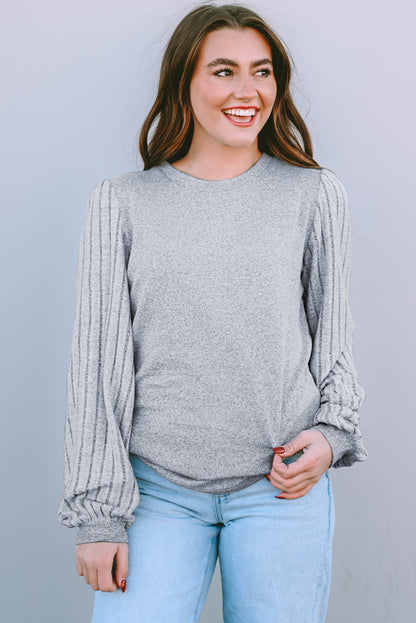 Gray Solid Color Contrast Ribbed Bishop Sleeve Top