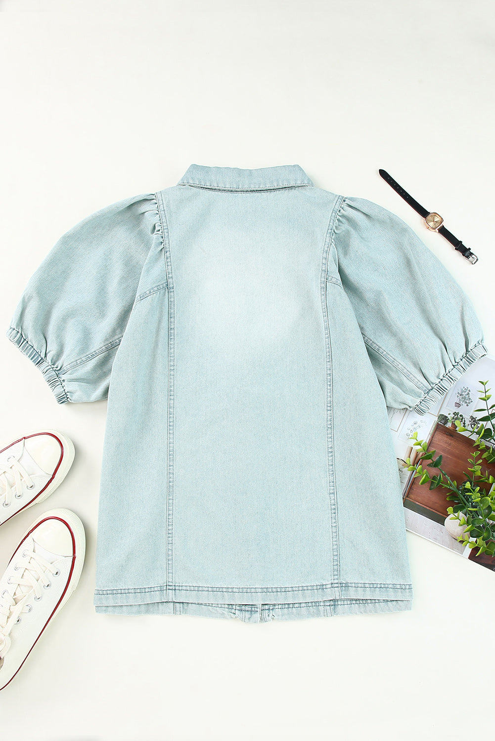 Sky Blue Distressed Bubble Sleeve Denim Shirt