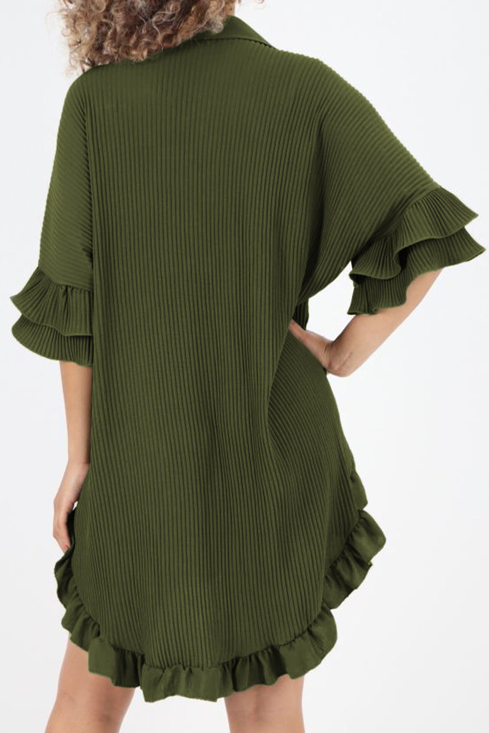 Moss Green Pleated Ruffle Sleeve Oversized Shirt Dress