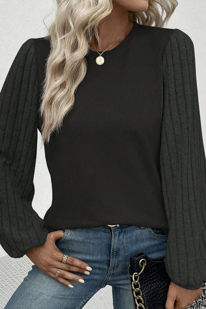 Gray Solid Color Contrast Ribbed Bishop Sleeve Top