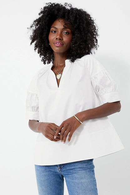 White Solid Color Ruched Bubble Sleeve V Neck Shirt