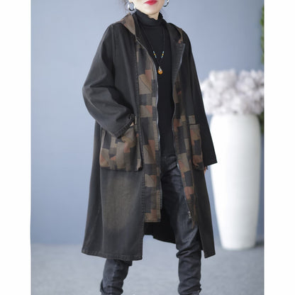 Lässiger Retro-Mantel für Damen mit Kapuze und Camouflage-Nähten