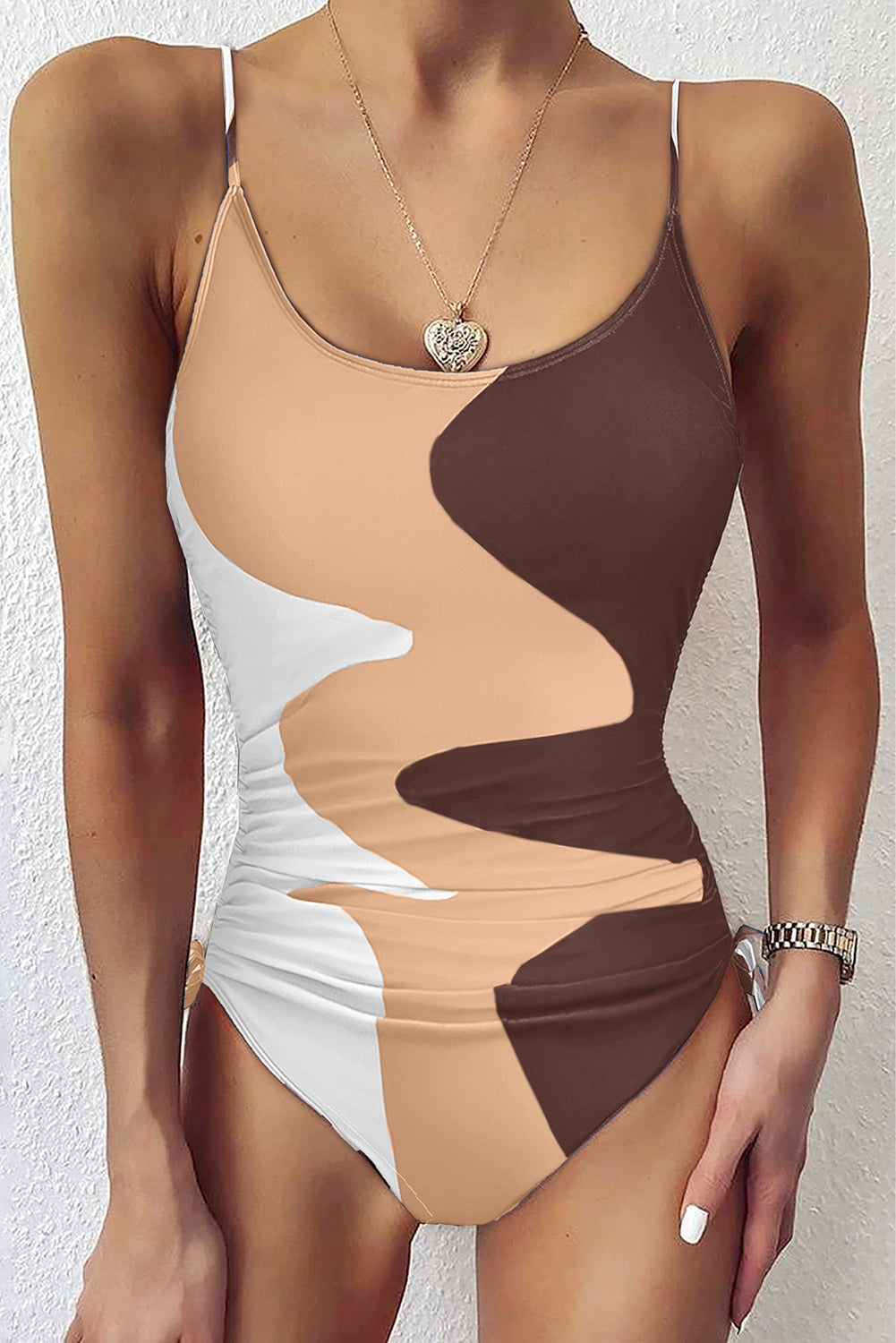 Khaki Color Block Drawstring Sides One Piece Swimsuit