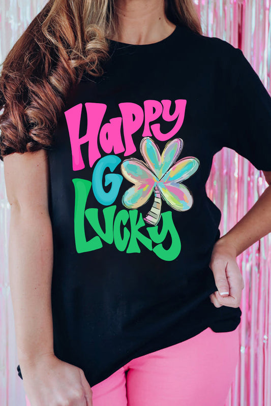 T-shirt noir à col ras du cou avec motif Happy GO Lucky Clover