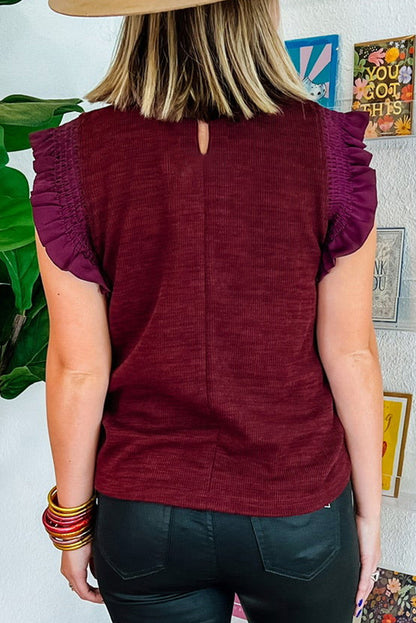 Burgundy Frilled Neck Flutter Shoulder Blouse