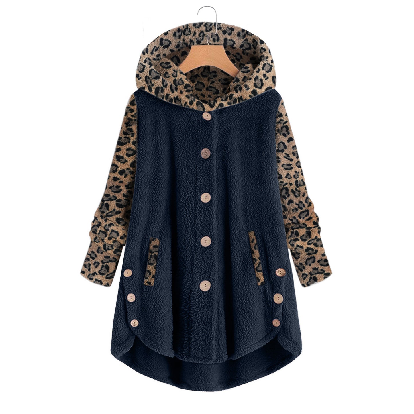 Autumn And Winter Button Long Sleeve Leopard Splicing Hooded Plush Coat For Women