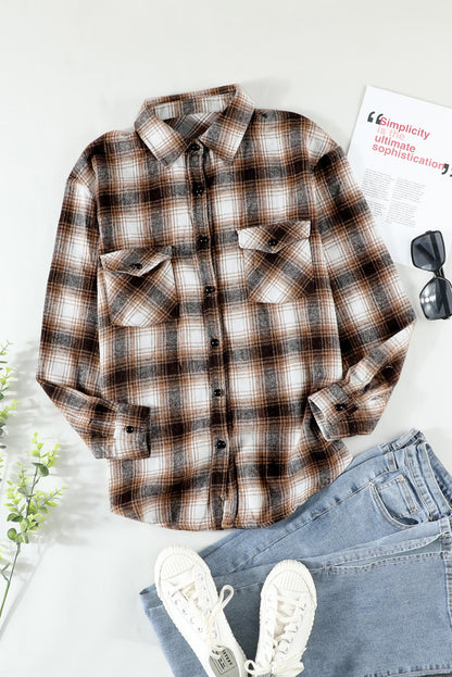 Black Buttons Pocketed Plaid Shacket